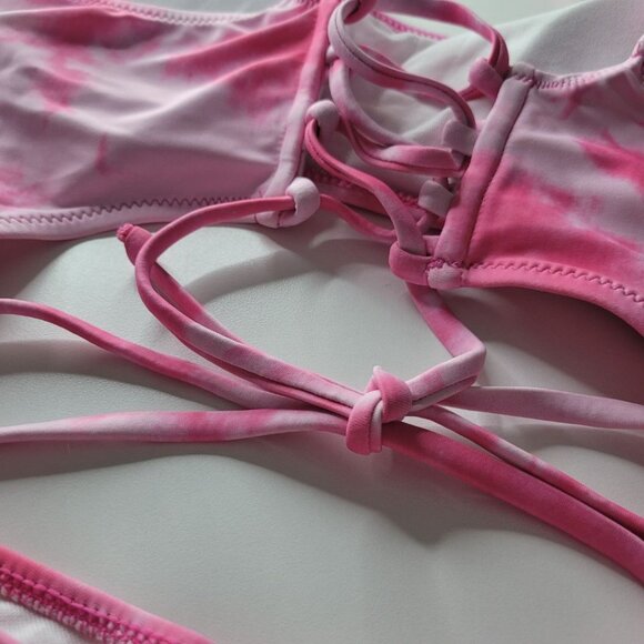 Corset Back String Swimsuit One Piece Hot Pink Open Front Womens Medium - Picture 9 of 10